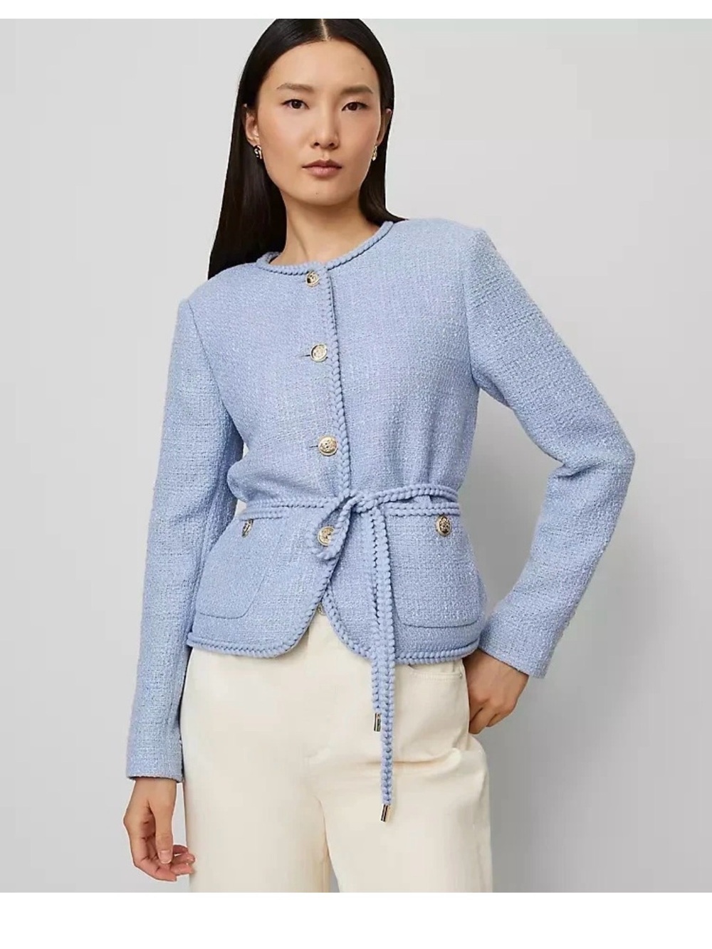 NWT $198 ANN TAYLOR tweed belted jacket blazer placid blue sz 0P